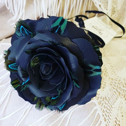 Luxury Leather Rose Black With Green Feathers (C) All Rights Reserved Collector