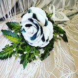 Luxury Leather Rose White W Green Feathers - Collector